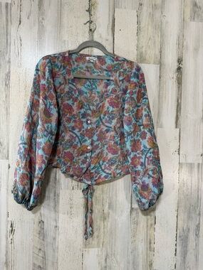 Floral Tie-Hem Silky Lightweight Button Blouse in Teal and Pink